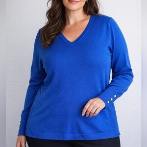 JM Collection Blue V-Neck Lightweight Knit Sweater 2X Plus Gold Button Cuff NWT